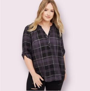 Torrid Harper Georgette Pullover 3/4 Sleeve Blouse in Black Grey Shimmer Plaid